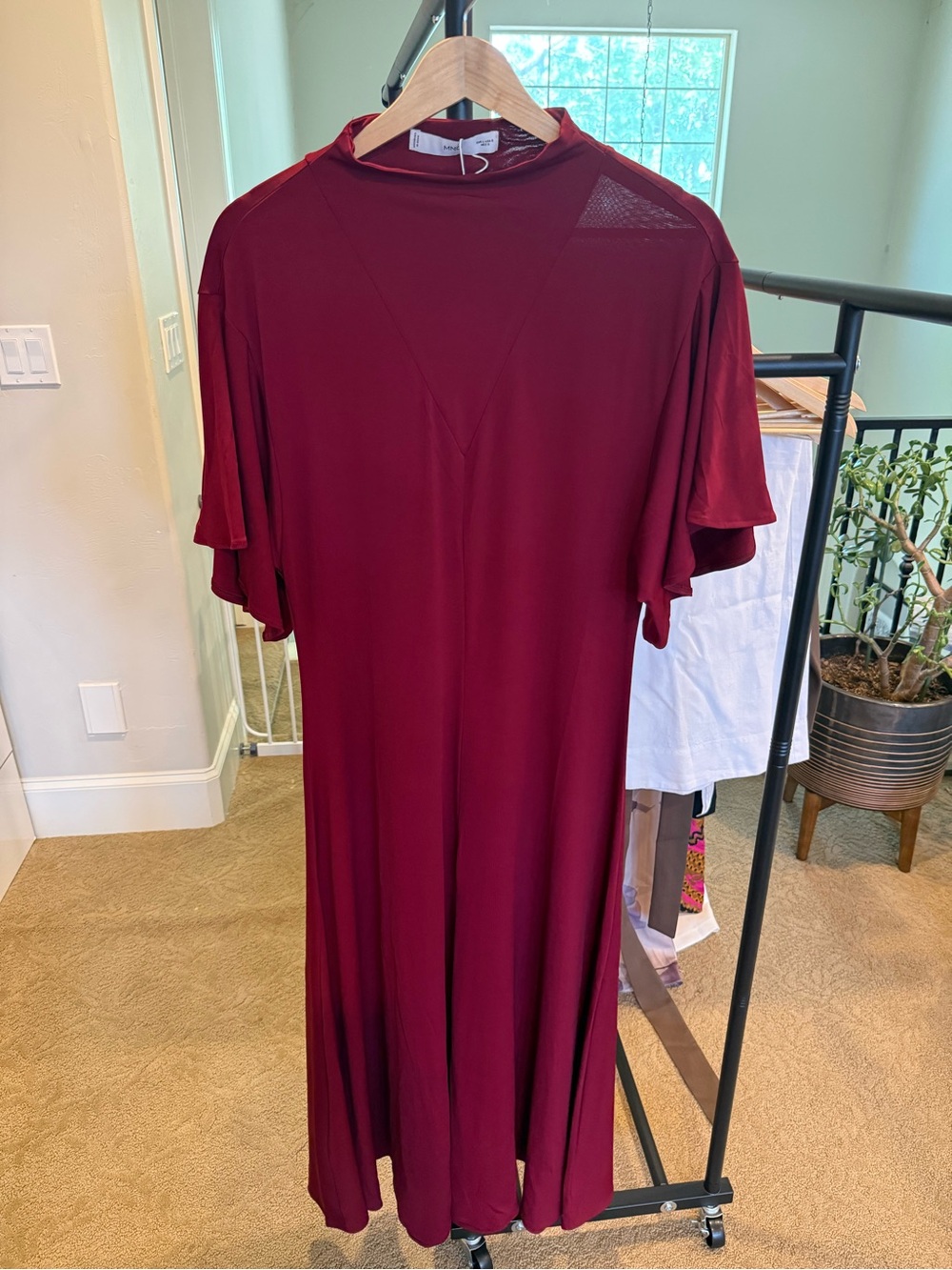 Mango Burgundy Dress with Flutter Short Sleeves